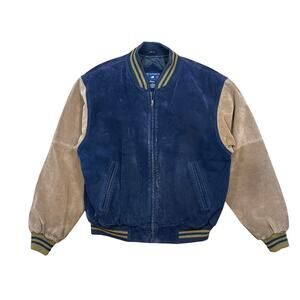 VTG Port Authority J-782 Two-Tone Leather Varsity Jacket Navy/tan letterman
